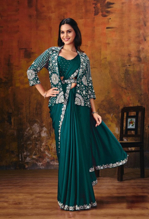 Rama Green Embroidered Wedding Party Designer Saree